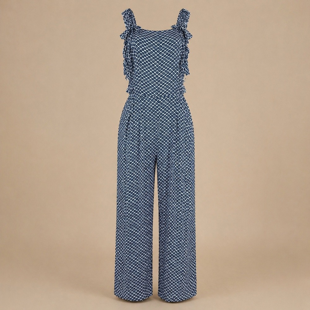Angels by the Sea Hawaii NWT Navy Geometric‎ Print Ruffle Jumpsuit Resort Wear M